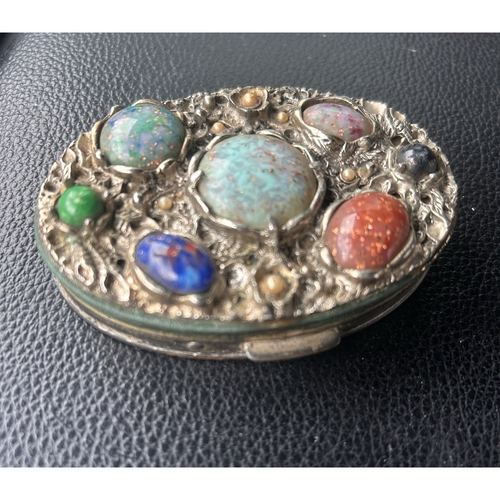 1950's Dorsey Fifth Avenue Ornate Cabochon Woman's Mirrored Compact MCM Metal